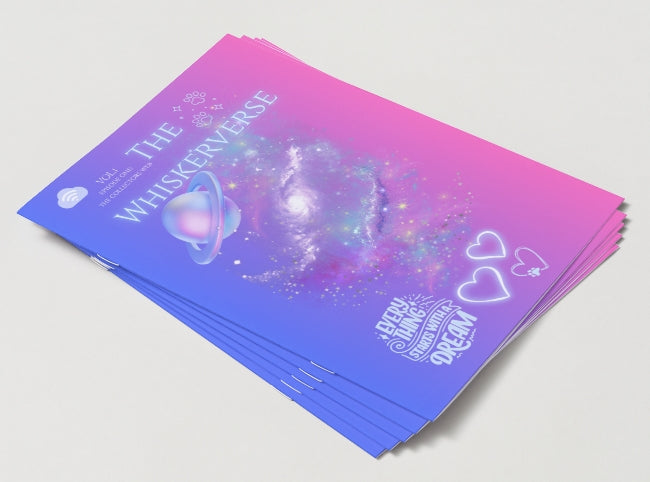 Stack of colorful books titled 'The Whiskerverse' on a light gray background